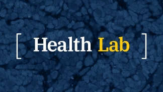 Health Lab word mark overlaying blue cells
