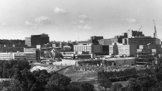 exterior black and white photo of the new hospital in 1981