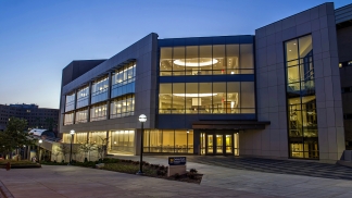 The Taubman Library exterior at night
