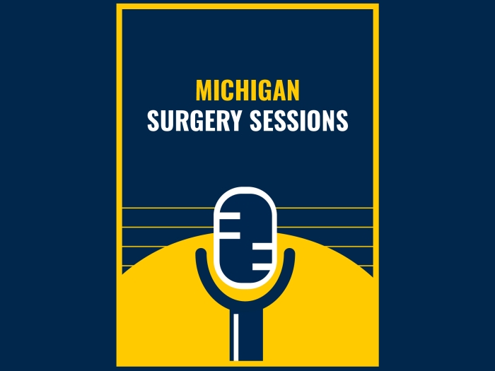 Michigan Surgery Sessions over a microphone on a blue background