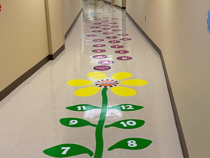 a hallway with floor decals beginning with a flower with the green leaves numbered