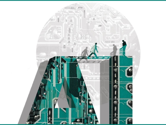 Illustration of a doctor crossing a bridge to a patient. The bridge is on top of two giant letters spelling AI.