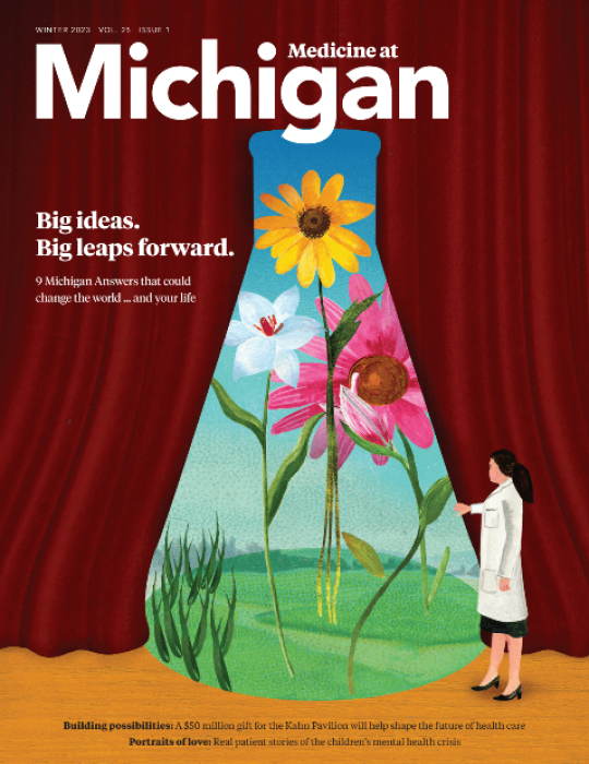 Magazine cover of the winter issue of Medicine at Michigan magazine featuring an illustration of a beaker with grass and flowers on stage.