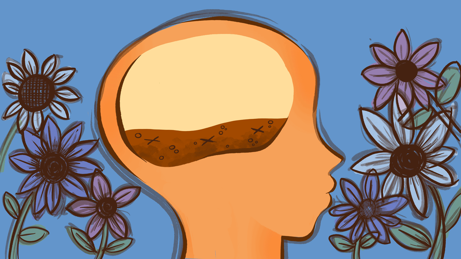 child silhouette with flowers growing inside head and flowers around the head