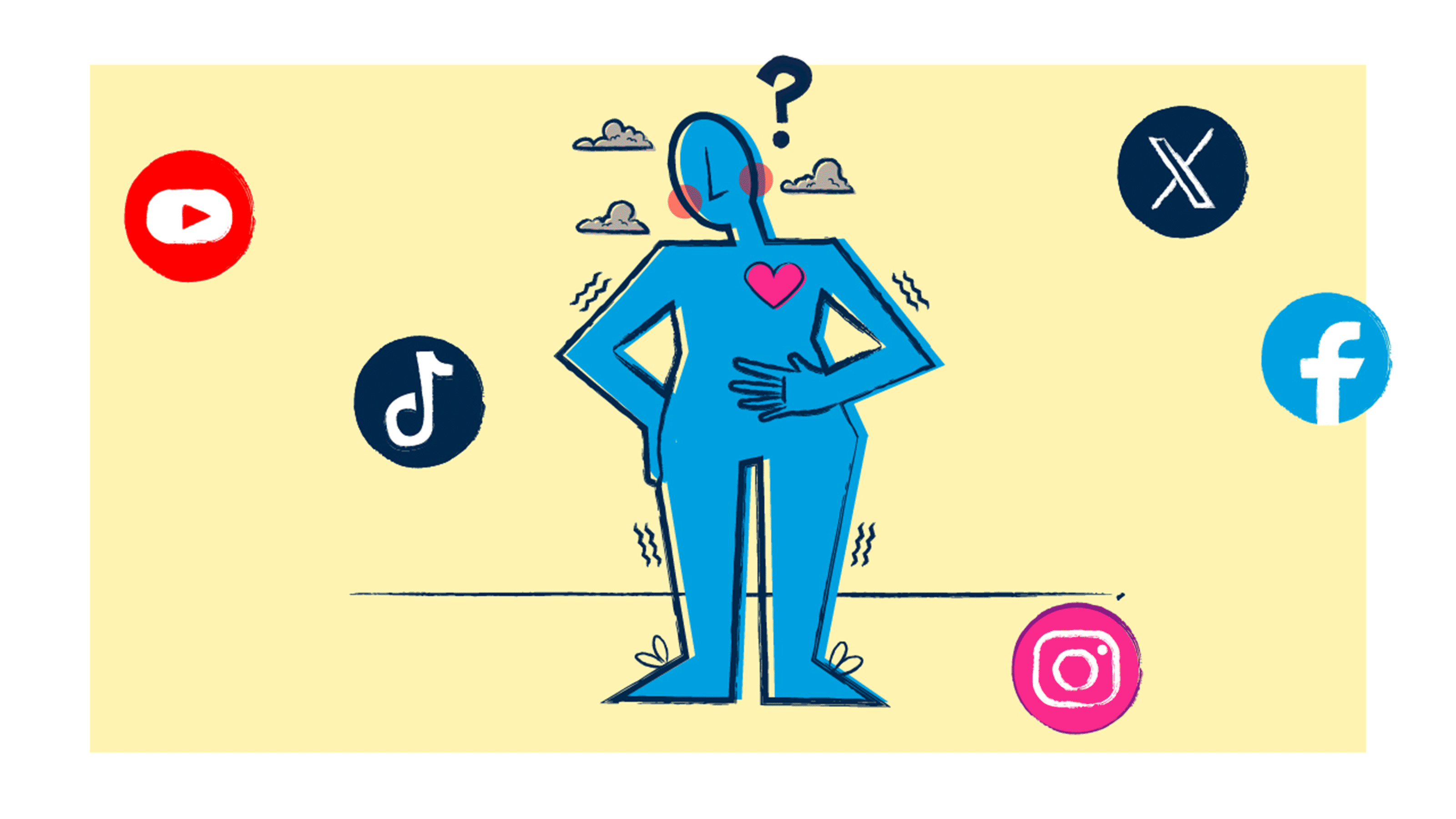 blue person figure symptoms questioning and social media icons flashing moving