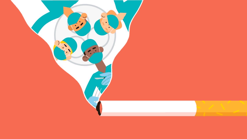 cigarette with surgical doctors in teal scrubs looking down 