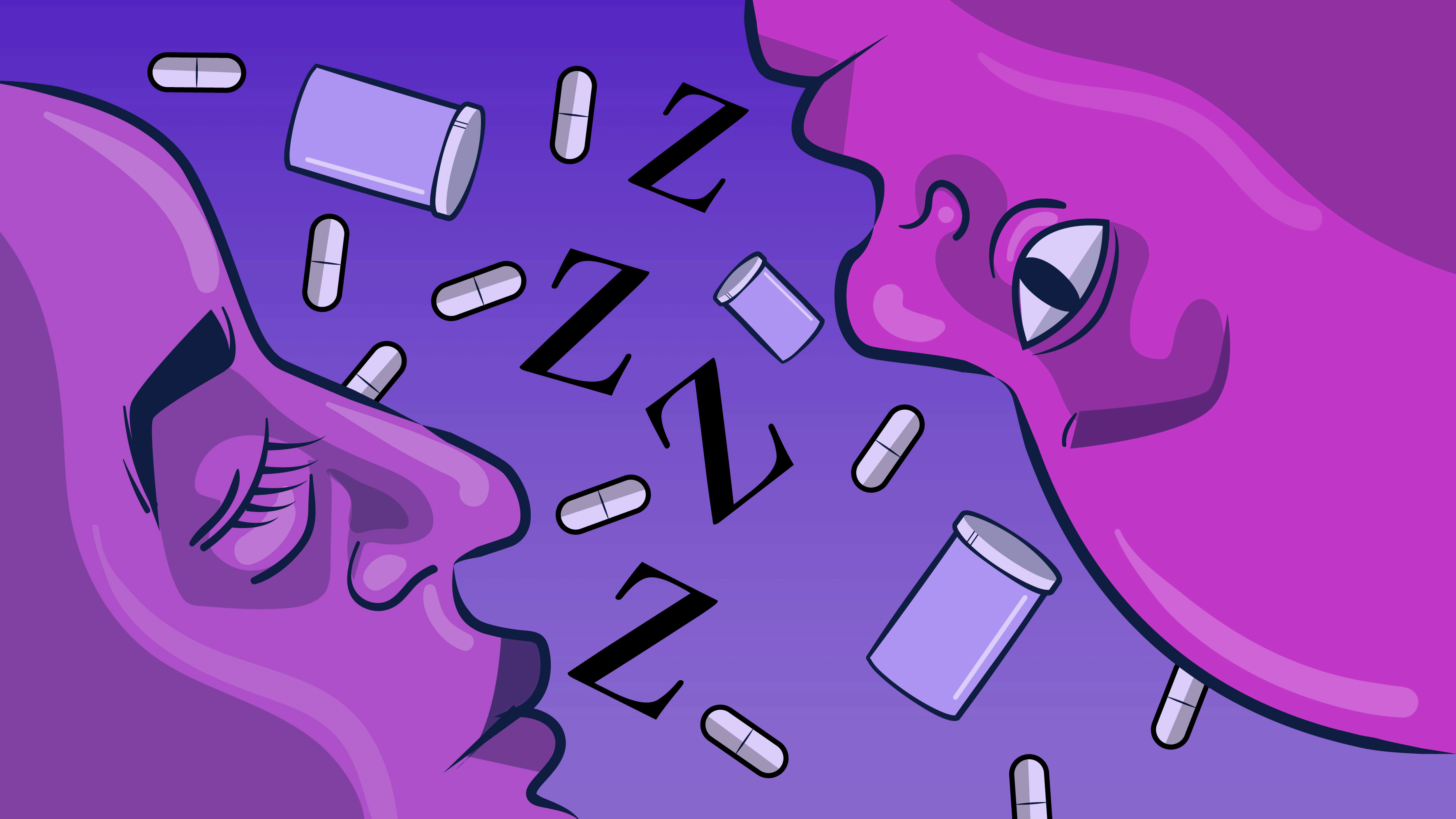 purple faces looking at eachother and Zs floating with pills and pill bottles