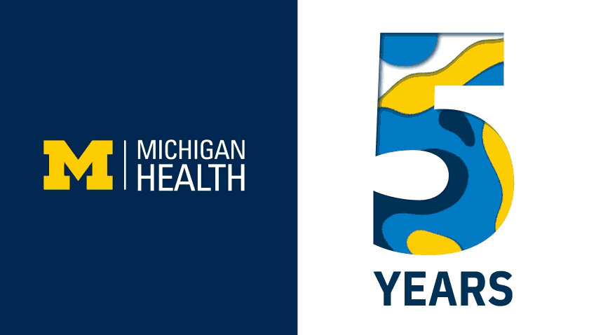 michigan health blog logo in michigan univ colors and 5 years on right with confetti falling in light blue dark blue yellow and white