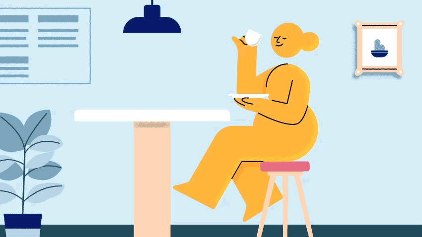 moving graphic of yellow drawing of woman sipping coffee at a table and her liver is happy