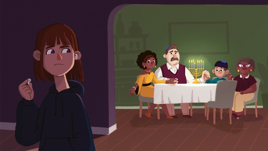 child looking at family outside of kitchen area