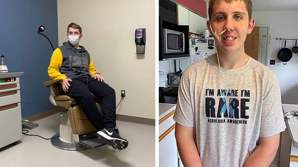 2 images: Seth Kent sitting in an exam room and in his kitchen.