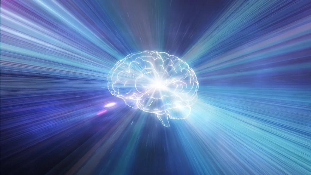 human brain with glowing purple blue lights out of brain