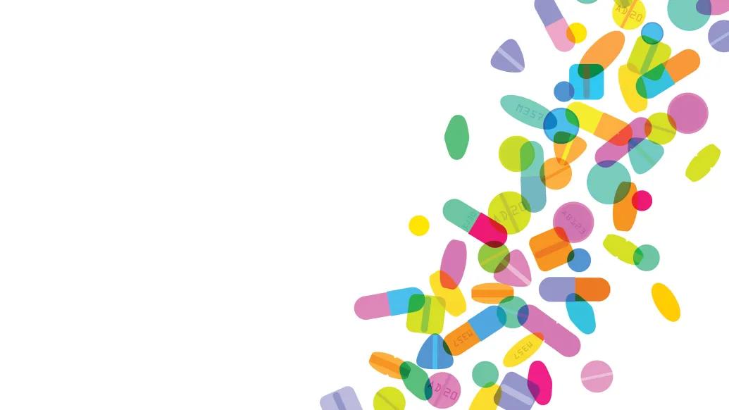 colorful pills falling in a line