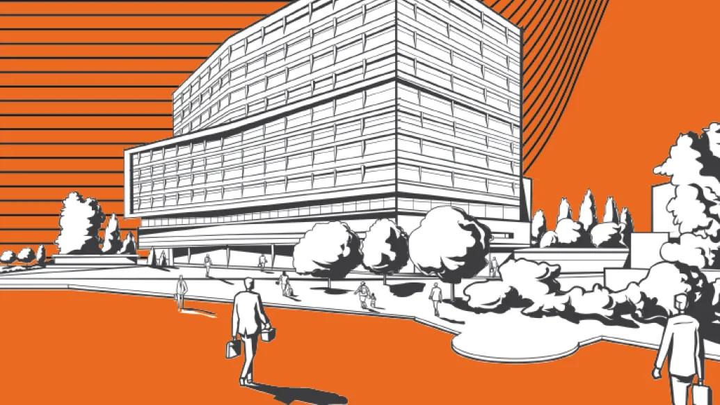 Black and white illustration of the exterior of the D. Dan and Betty Kahn Health Care Pavilion.