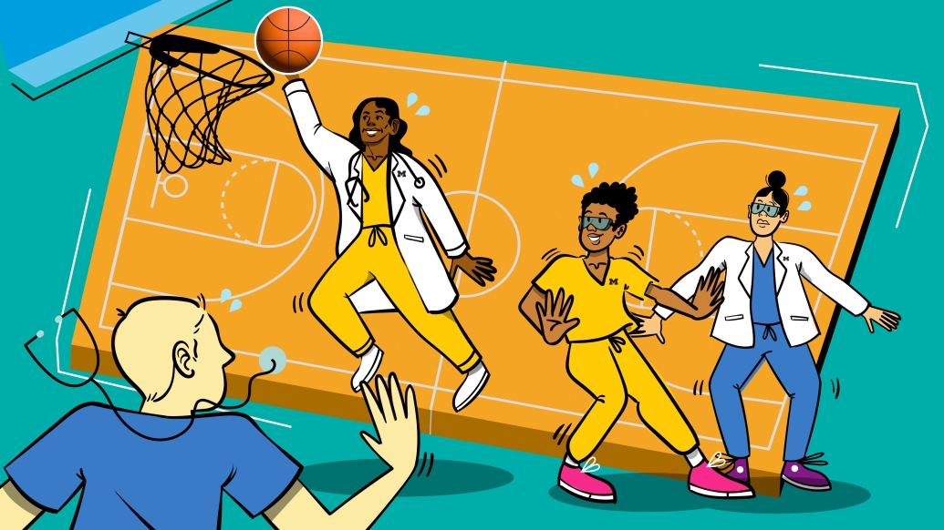 Illustration of scientists and doctors playing basketball in white coats and scrubs
