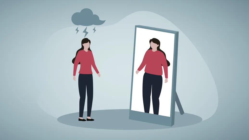 Women in red shirt with cloud hanging over her head looking in mirror