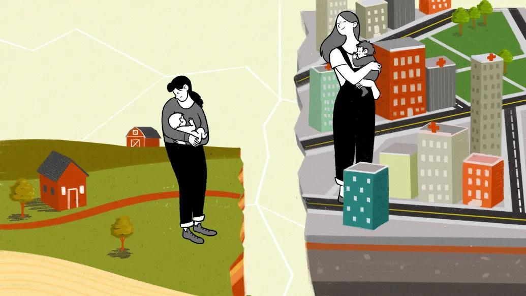 Woman holding baby on farm woman holding baby in city