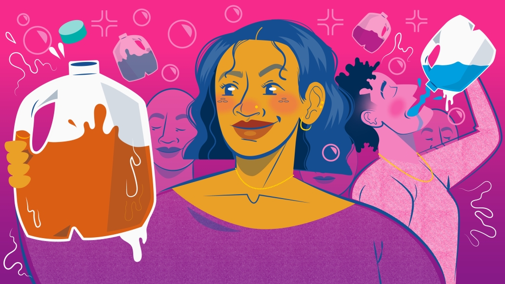 woman holding jug purple pink drinking behind her