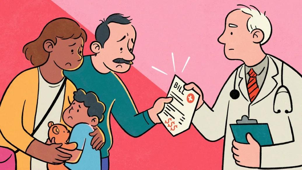couple with kid and medical bill with doctor