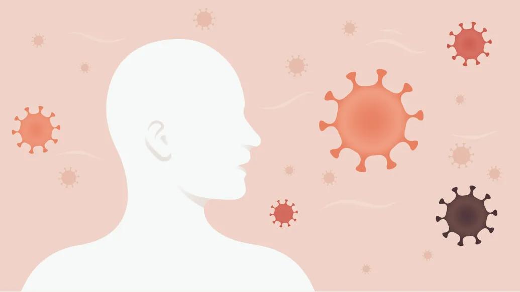 profile of person and covid cells floating around pinks 