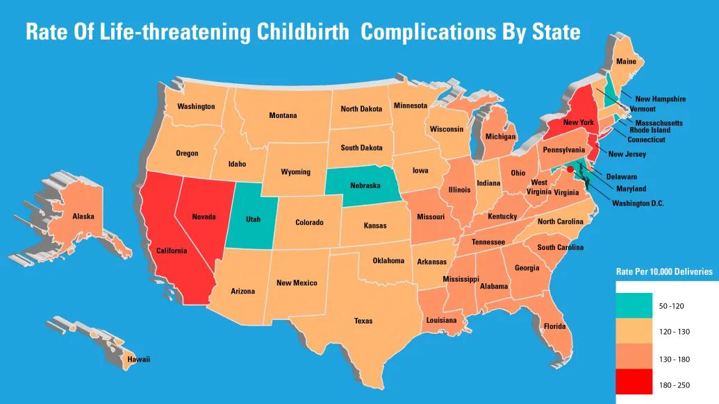 map of the united states rate of life threatening childbirth complications by state 