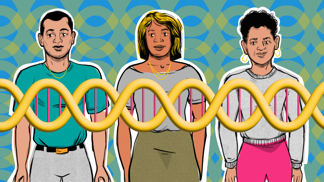 graphic of three people standing next to eachother and DNA strip over them in yellow