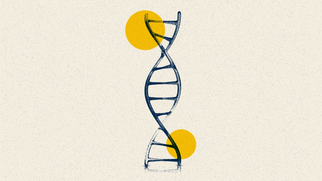 dna strand in blue grainy off white background yellow spots