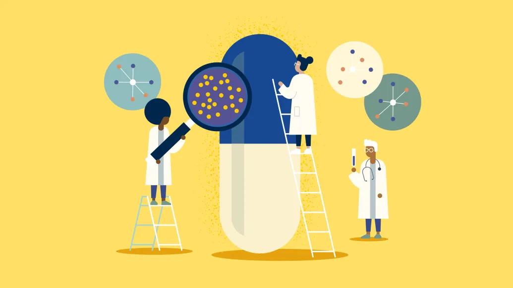 scientists working and doctors on pill research yellow blue white