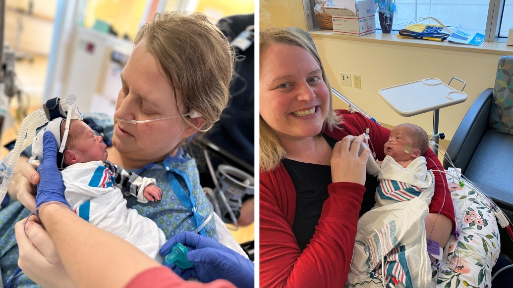 mother newborn in hospital side by side photos