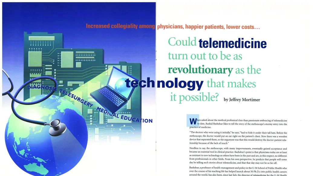 screen shot of story on telemedicine with images of globe, stethoscope, computer chips and a laptop 