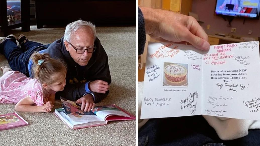 older man on ground reading with child and card written out on right