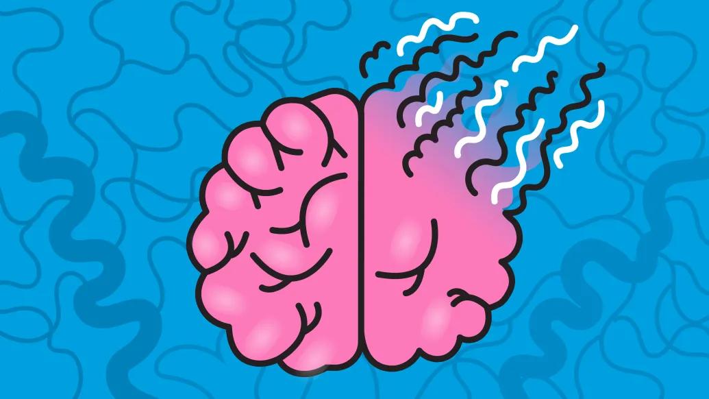 drawing of pink brain and lines withering away blue background