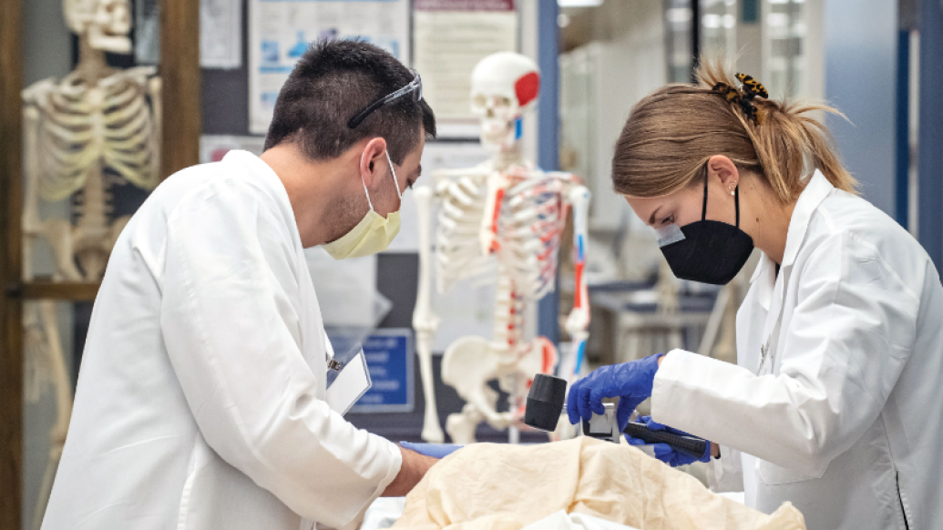 Two medical students wearing masks and gloves inspect an anatomical donor in the anatomy lab. There are educational skeletons in the background.