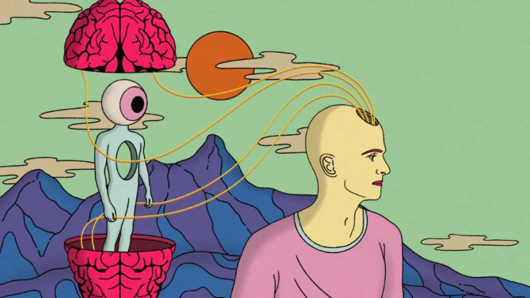 Otherworldly illustration of a bald person with cords coming out of their head. The cords are attached to a large brain behind them. The brain is split in half, and inside of it stands a person-like creature with a large eyeball for a head.