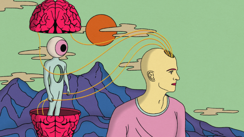 Otherworldly illustration of a bald person with cords coming out of their head. The cords are attached to a large brain behind them. The brain is split in half, and inside of it stands a person-like creature with a large eyeball for a head.
