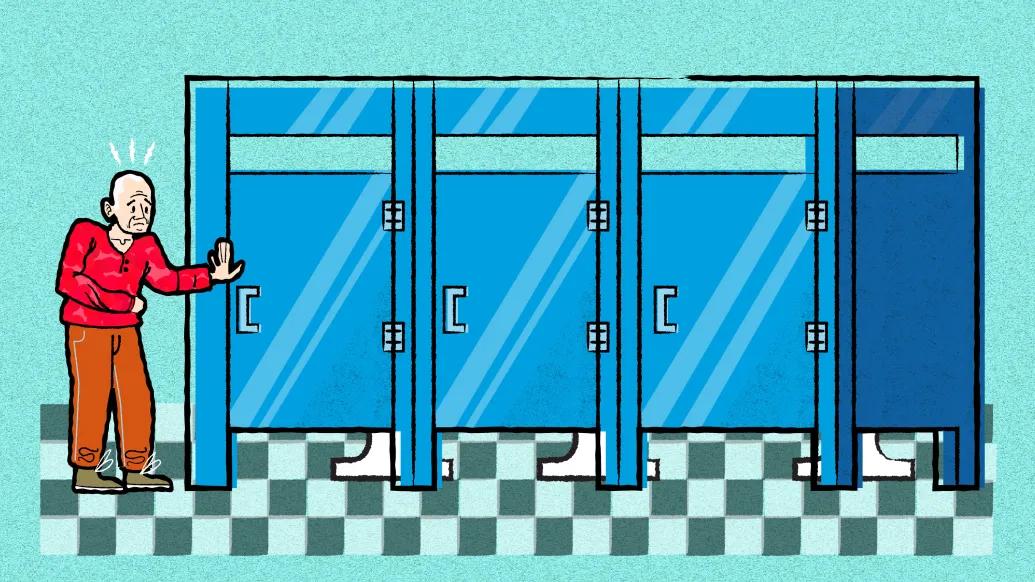 older person in bathroom stalls blue red outfit checkered floor