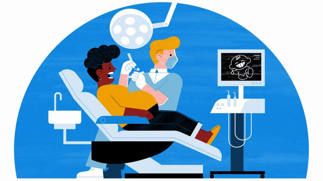 Pregnant woman getting teeth clean with tools by dentist