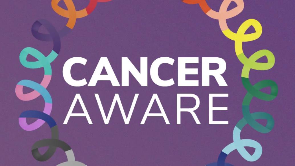 Cancer Aware surrounded by a circle of multicolor ribbons