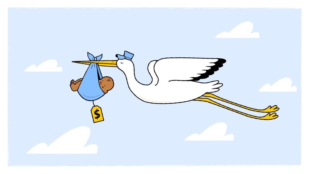 stork with baby in bag with dollar sign