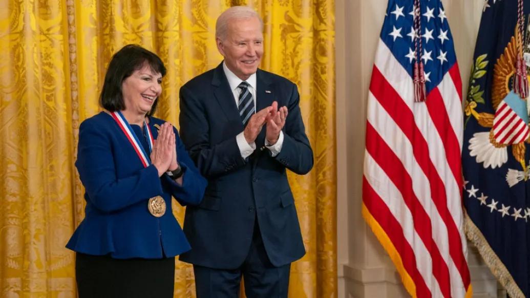 Michigan Medicine neuroscientist Huda Akil, Ph.D., accepts National Medal of Science from President Joe Biden.