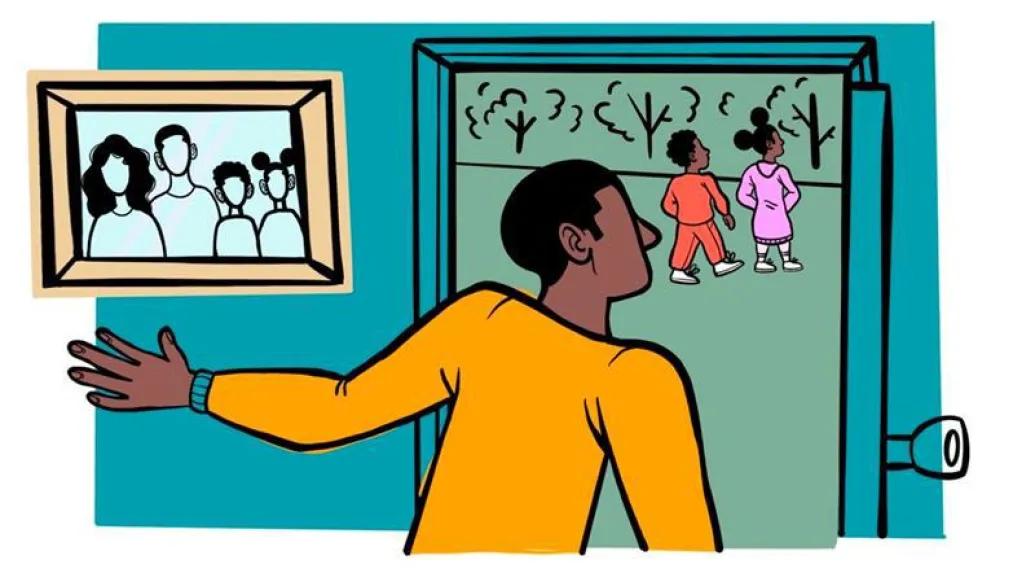 parent looking at kids outside graphic walking alone