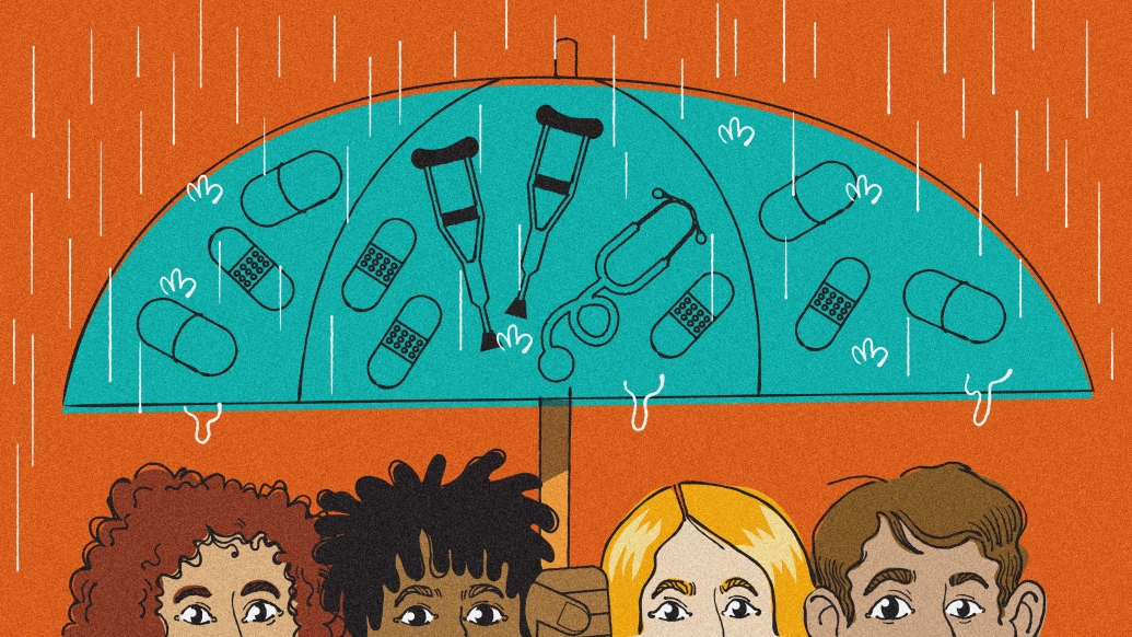 people holding band-aid umbrella standing in the rain