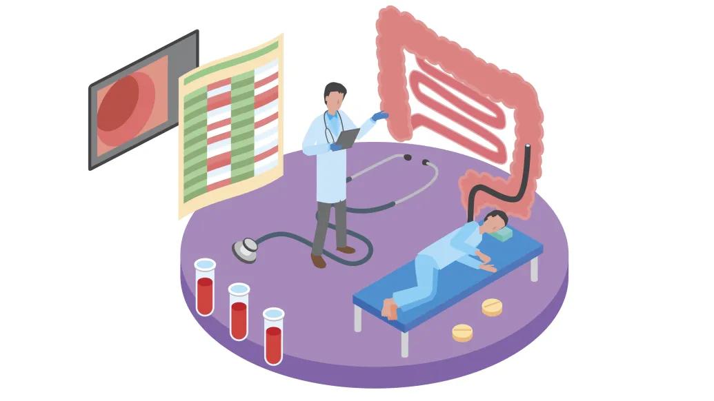 graphic drawing of colonoscopy scan with large intestine vials patient on bed doctor 