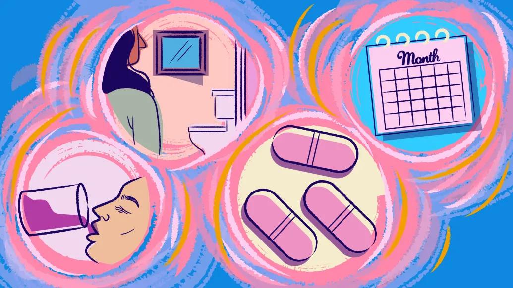 pink blue orange coloring woman looking at toilet, a calendar, a woman drinking purple drink, pink pills