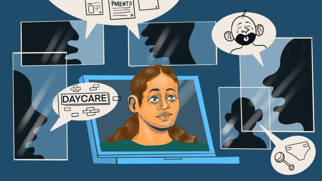 woman listening to different shadow windows of people saying different things about kids