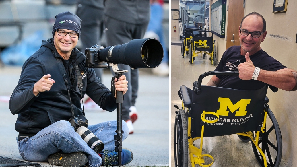 man at event photographing and then on right in wheelchair at UM