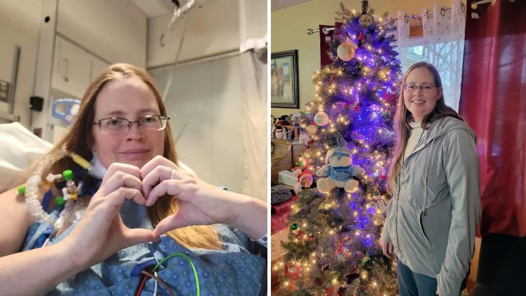 woman by christmas tree in one picture and the other holding heart hands for photo on left