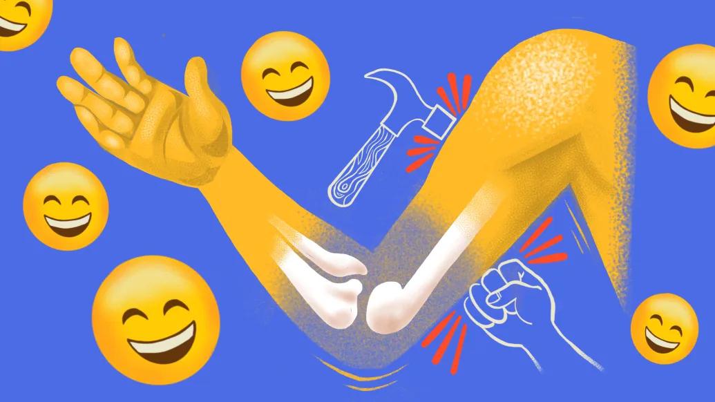 arm see through smiling faces blue yellow hammer and fit hitting arm