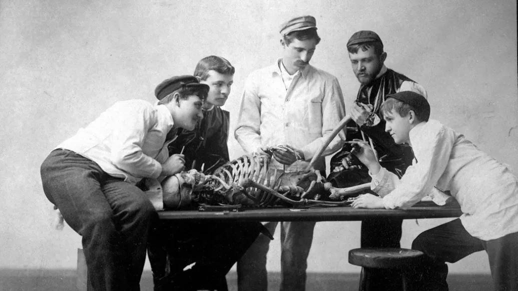 black and white photo from the 1800s of medical students examining a skeleton