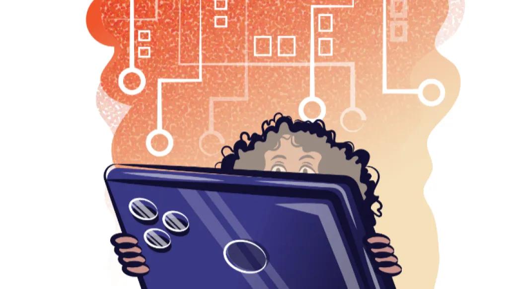 Cartoon-like image of a kid sitting on the floor holding a giant tablet or cell phone